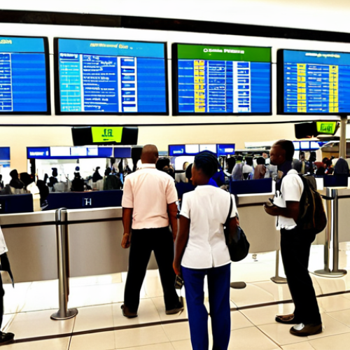 Home 11 **
Prompt: *A bustling and modern airport terminal interior in Kigali, Rwanda. Focus on efficient check-in counters with helpful staff assisting passengers. Capture the clean and organized environment with clear signage.*
**
