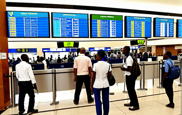 **
Prompt: *A bustling and modern airport terminal interior in Kigali, Rwanda. Focus on efficient check-in counters with helpful staff assisting passengers. Capture the clean and organized environment with clear signage.*
**