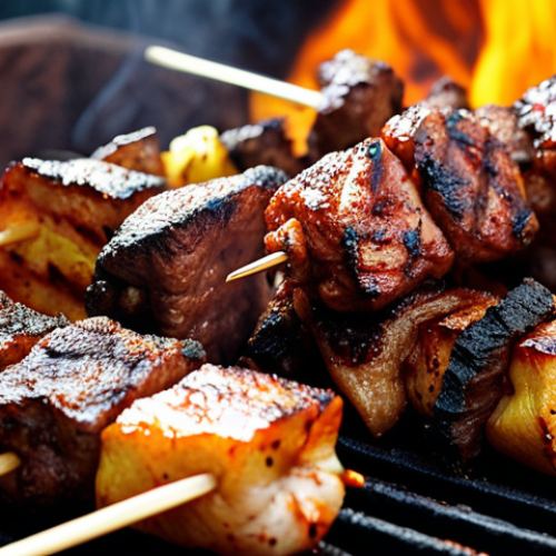 Home 6 ** Rwandan brochette skewers, grilled over charcoal, close-up. Focus on the spice rub and smoky char.
**