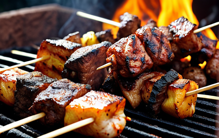 ** Rwandan brochette skewers, grilled over charcoal, close-up. Focus on the spice rub and smoky char.
**