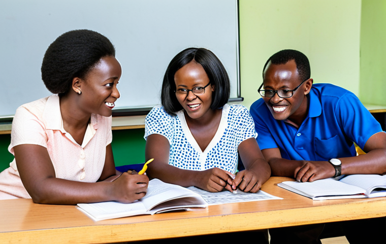 ** Rwandan teachers in a professional development workshop, learning innovative teaching methods from international education experts. Focus on collaboration and enthusiasm.

**