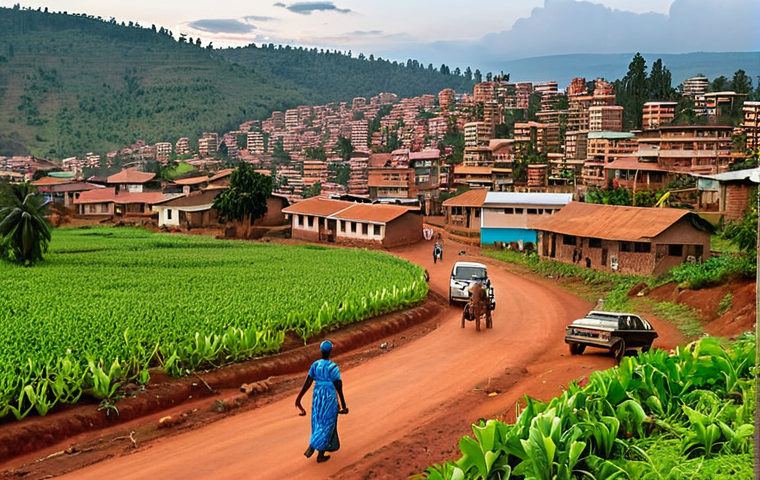 A visual contrast of daily life in Rwanda: On one side, a dynamic, modern Kigali cityscape at dusk, featuring sleek high-rise buildings, bustling streets with vehicles, and elegantly dressed people. On the other side, a peaceful rural Rwandan village scene during the day, showing traditional mud-brick houses, lush green banana and cassava fields, and villagers engaged in calm agricultural activities or children playing in red-earth roads.