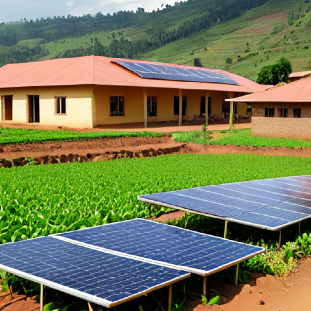 **Rwandan Smart Village Transformation:** A vibrant, sun-drenched Rwandan rural village scene featuring a modern, solar-powered community center. Villagers of diverse ages are engaged with digital devices, accessing online education, telemedicine, or selling local produce via digital platforms. In the background, lush, green farmlands subtly show hints of smart agriculture technology like drip irrigation or a small monitoring drone. The overall image should convey progress, connectivity, and the integration of technology into daily rural life.