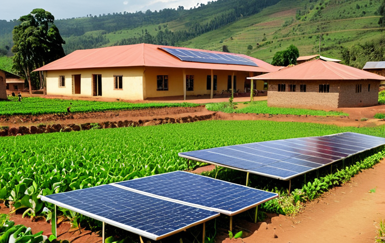 **Rwandan Smart Village Transformation:** A vibrant, sun-drenched Rwandan rural village scene featuring a modern, solar-powered community center. Villagers of diverse ages are engaged with digital devices, accessing online education, telemedicine, or selling local produce via digital platforms. In the background, lush, green farmlands subtly show hints of smart agriculture technology like drip irrigation or a small monitoring drone. The overall image should convey progress, connectivity, and the integration of technology into daily rural life.