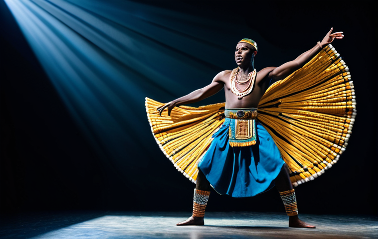 A dynamic Rwandan male dancer, mid-performance, showcasing the powerful Intore dance. He is fully clothed in elaborate, traditional Rwandan warrior attire, featuring intricate beadwork and flowing fabrics, professional dress, modest clothing. The setting is a professionally lit modern studio stage, with subtle, dramatic lighting highlighting his energetic movements. His pose is natural and expressive, capturing the raw energy and spirit of the dance. Perfect anatomy, correct proportions, well-formed hands, proper finger count, natural body proportions. This image is safe for work, appropriate content, and family-friendly, rendered as high-quality professional photography.