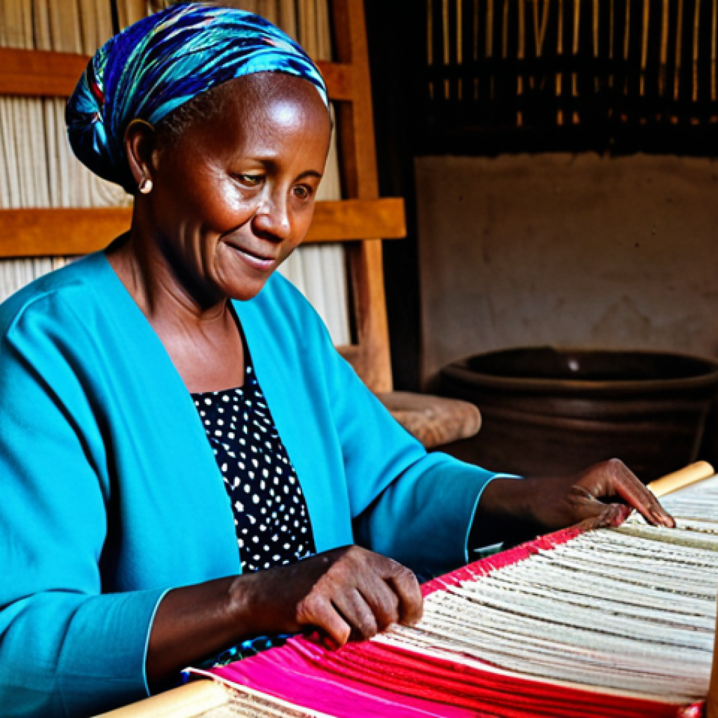 A mature Rwandan woman artisan, fully clothed in modest, culturally appropriate attire, seated at a traditional wooden loom, meticulously weaving a vibrant textile. Her hands are delicately working the threads, revealing intricate, symbolic patterns. The setting is a brightly lit, clean workshop bathed in natural light, with colorful skeins of yarn and finished fabrics visible in the background. The scene emphasizes dedication and the passing down of knowledge. perfect anatomy, correct proportions, natural pose, well-formed hands, proper finger count, natural body proportions, professional photography, high quality, detailed, realistic, safe for work, appropriate content, fully clothed, family-friendly.