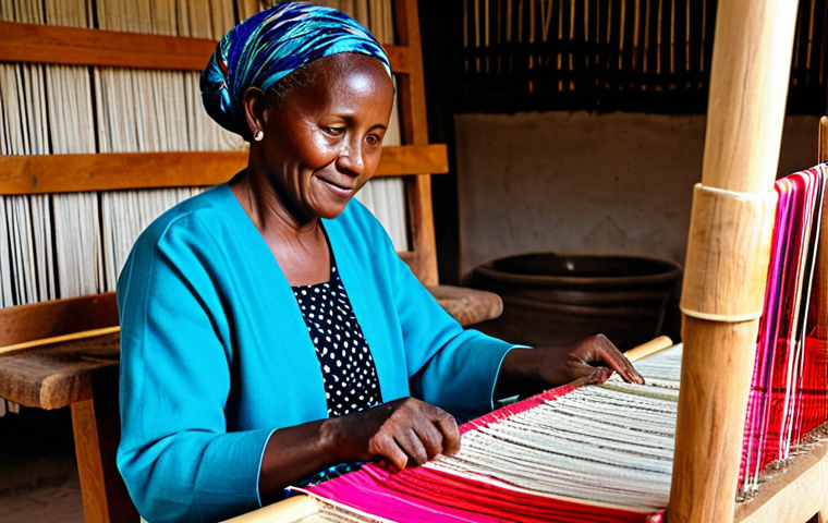 A mature Rwandan woman artisan, fully clothed in modest, culturally appropriate attire, seated at a traditional wooden loom, meticulously weaving a vibrant textile. Her hands are delicately working the threads, revealing intricate, symbolic patterns. The setting is a brightly lit, clean workshop bathed in natural light, with colorful skeins of yarn and finished fabrics visible in the background. The scene emphasizes dedication and the passing down of knowledge. perfect anatomy, correct proportions, natural pose, well-formed hands, proper finger count, natural body proportions, professional photography, high quality, detailed, realistic, safe for work, appropriate content, fully clothed, family-friendly.