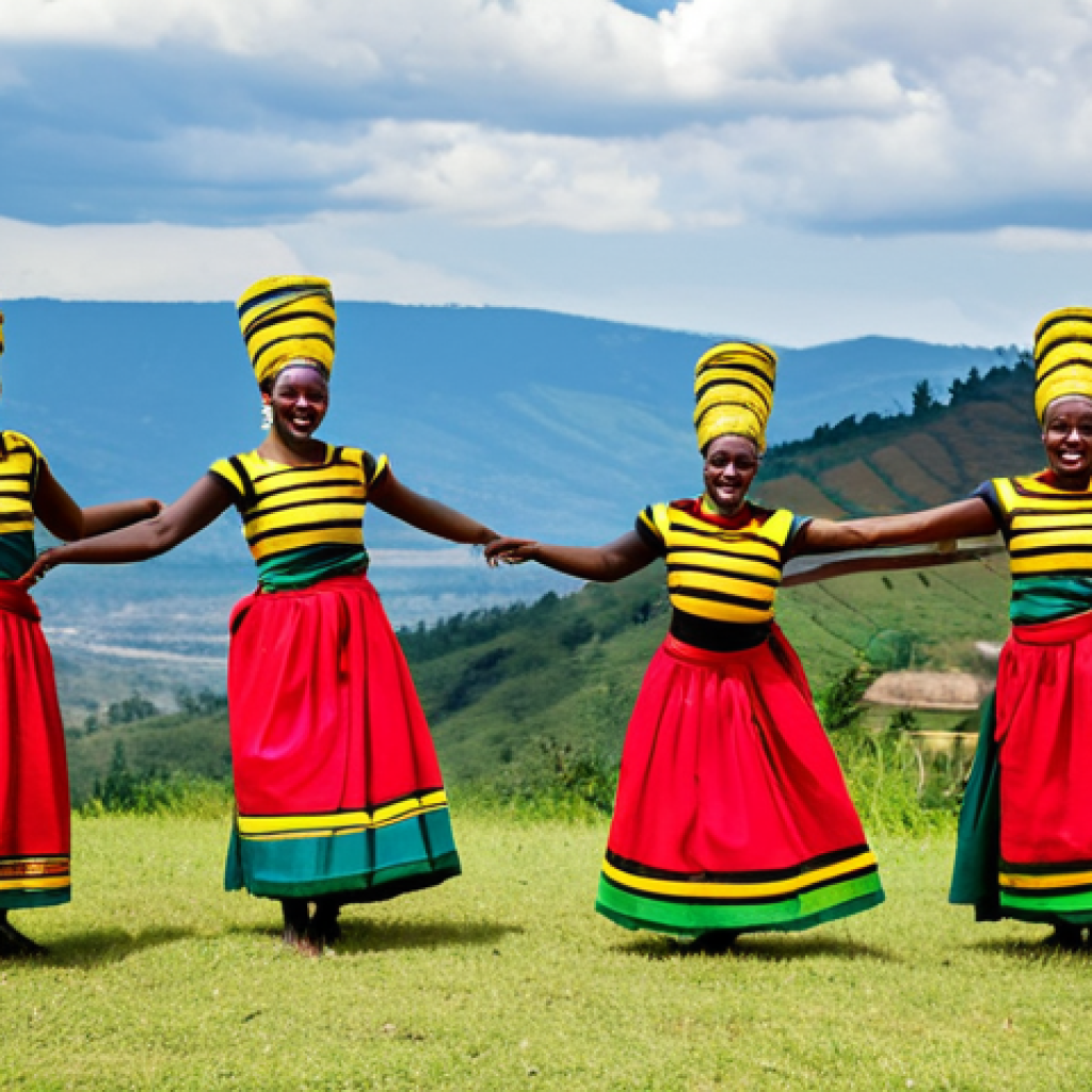 Intore Dancers**

"A group of Intore dancers in traditional Rwandan attire performing a vibrant dance, fully clothed, appropriate attire, safe for work, outdoor setting with rolling hills in the background, dynamic poses, perfect anatomy, natural proportions, professional photography, high quality, family-friendly."

**