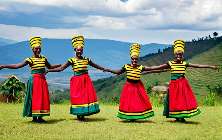 Intore Dancers**

"A group of Intore dancers in traditional Rwandan attire performing a vibrant dance, fully clothed, appropriate attire, safe for work, outdoor setting with rolling hills in the background, dynamic poses, perfect anatomy, natural proportions, professional photography, high quality, family-friendly."

**