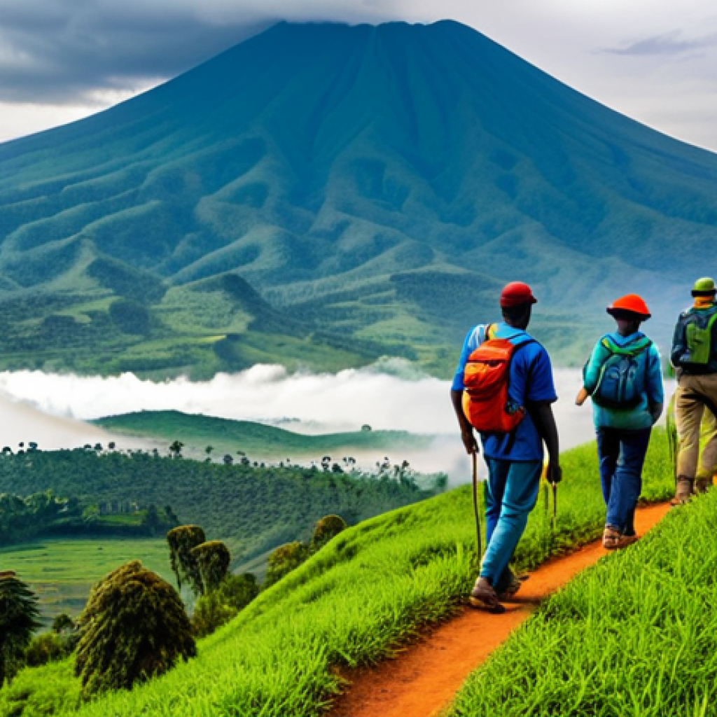 Lush Rwandan Landscape**

A breathtaking panoramic view of Volcanoes National Park in Rwanda, showcasing the rolling green hills and mist-shrouded mountains, fully clothed hikers in appropriate attire are observing golden monkeys in the distance, safe for work, correct proportions, natural pose, vibrant colors, professional photography, family-friendly, appropriate content.

**