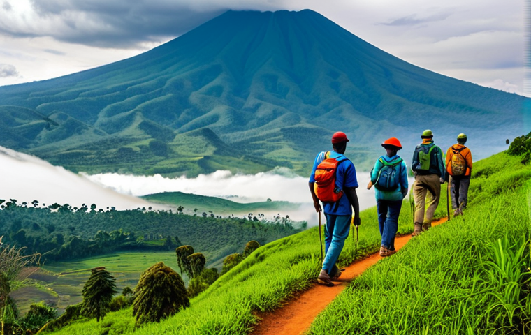 Lush Rwandan Landscape**

A breathtaking panoramic view of Volcanoes National Park in Rwanda, showcasing the rolling green hills and mist-shrouded mountains, fully clothed hikers in appropriate attire are observing golden monkeys in the distance, safe for work, correct proportions, natural pose, vibrant colors, professional photography, family-friendly, appropriate content.

**