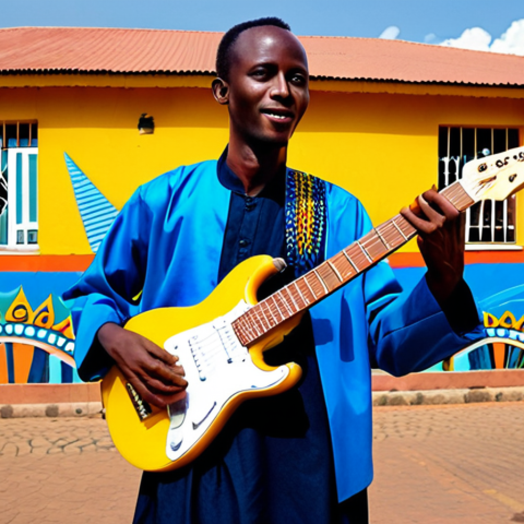 Rwandan Musician - Modern Fusion**

"A Rwandan musician in a vibrant, fully clothed traditional outfit, playing a modern electric guitar. The background features a colorful urban scene in Kigali, with modern buildings and traditional Rwandan art murals. Perfect anatomy, correct proportions, natural pose, well-formed hands, proper finger count, natural body proportions, safe for work, appropriate content, fully clothed, professional, modest, family-friendly."

**