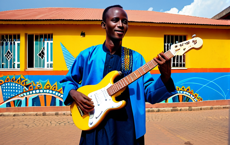 Rwandan Musician - Modern Fusion**

"A Rwandan musician in a vibrant, fully clothed traditional outfit, playing a modern electric guitar. The background features a colorful urban scene in Kigali, with modern buildings and traditional Rwandan art murals. Perfect anatomy, correct proportions, natural pose, well-formed hands, proper finger count, natural body proportions, safe for work, appropriate content, fully clothed, professional, modest, family-friendly."

**
