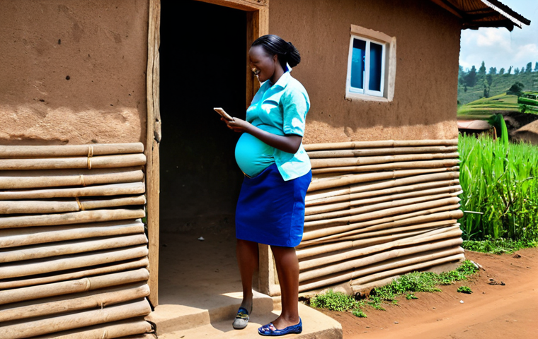 **

"A rural Rwandan village scene. A community health worker, fully clothed in appropriate attire, is demonstrating how to use a mobile health app to a pregnant woman outside her modest home. Safe for work, appropriate content, perfect anatomy, natural pose, family-friendly, high-quality photography."

**