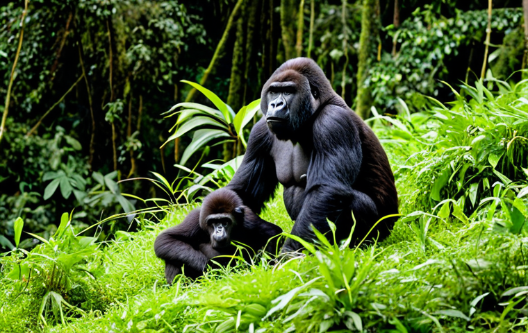 **

"A professional photographer documenting a family of mountain gorillas in their natural rainforest habitat in Rwanda, fully clothed in appropriate trekking gear, observing from a safe distance, lush green foliage, safe for work, appropriate content, perfect anatomy, natural proportions, modest attire, family-friendly, professional wildlife photography."

**