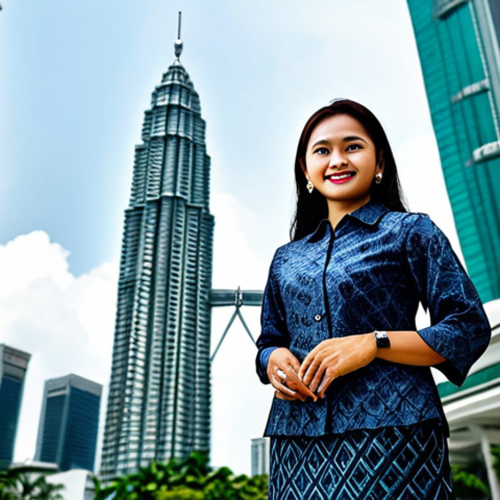 ** A professional Malay businesswoman in a modest batik blouse and skirt, standing in front of the Petronas Twin Towers in Kuala Lumpur, fully clothed, appropriate attire, safe for work, perfect anatomy, natural proportions, professional photography, high quality.

**