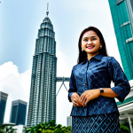 ** A professional Malay businesswoman in a modest batik blouse and skirt, standing in front of the Petronas Twin Towers in Kuala Lumpur, fully clothed, appropriate attire, safe for work, perfect anatomy, natural proportions, professional photography, high quality.

**