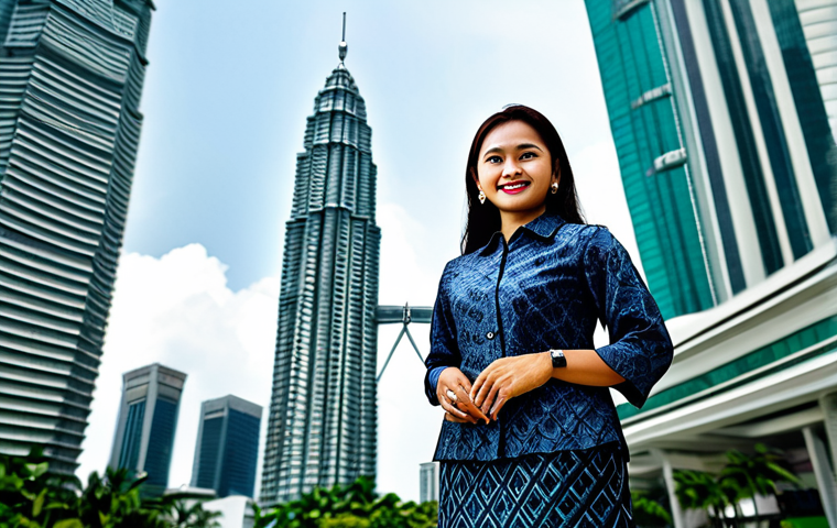 ** A professional Malay businesswoman in a modest batik blouse and skirt, standing in front of the Petronas Twin Towers in Kuala Lumpur, fully clothed, appropriate attire, safe for work, perfect anatomy, natural proportions, professional photography, high quality.

**