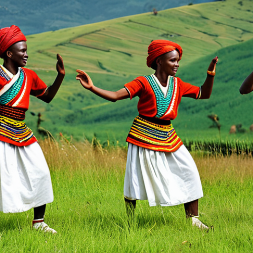 **

"A group of Intore dancers performing a traditional Rwandan dance, fully clothed in authentic warrior attire, in a grassy field with rolling hills in the background, appropriate content, safe for work, perfect anatomy, natural proportions, cultural dance, professional, vibrant colors, dynamic poses, well-formed hands, proper finger count."

**