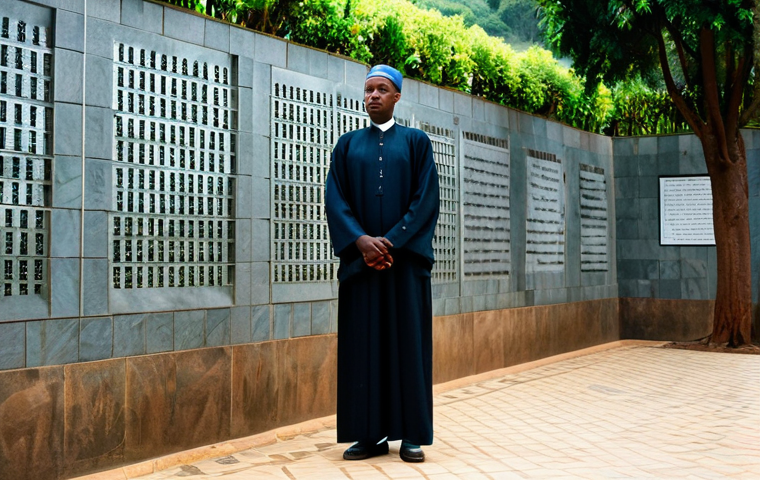 **

*   **Subject:** Kigali Genocide Memorial
*   **Clothing/Environment:** A respectful visitor (fully clothed in modest attire) stands before the memorial walls, surrounded by lush greenery. The memorial is bathed in soft, natural light, creating a somber yet hopeful atmosphere.
*   **Modifiers:** High-quality photography, perfect anatomy, natural pose, safe for work, appropriate content, professional.

**
