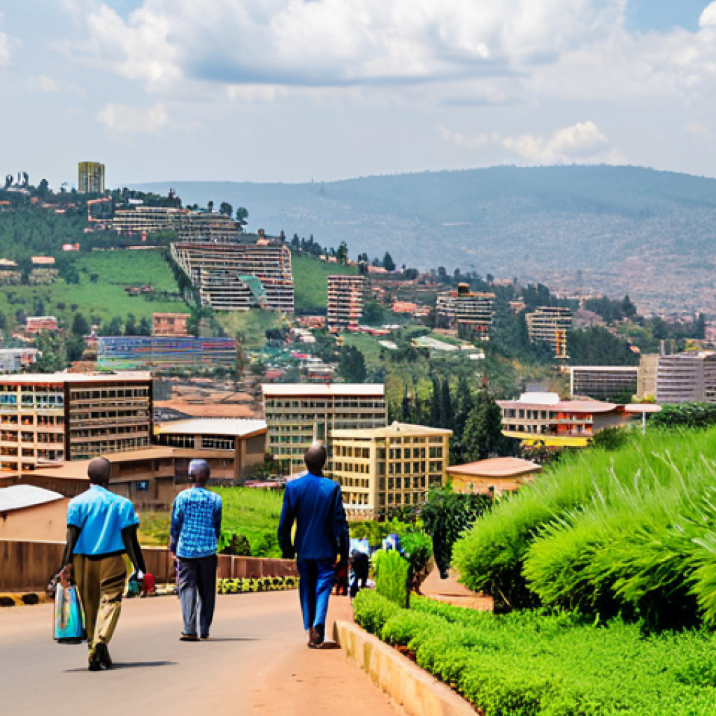 Kigali Cityscape**

"A vibrant and clean Kigali cityscape during the day, featuring modern buildings alongside traditional Rwandan architecture, lush green hills in the background, fully clothed people in professional and modest attire walking on the streets, safe for work, appropriate content, perfect anatomy, natural proportions, professional photography, high quality, family-friendly."

**