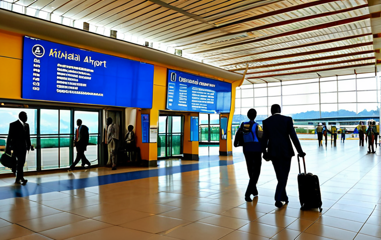 르완다의 주요 국제 공항 - Kigali International Airport - Arrival**
"A modern, bustling airport terminal in Kigali, Rwanda. Fo...