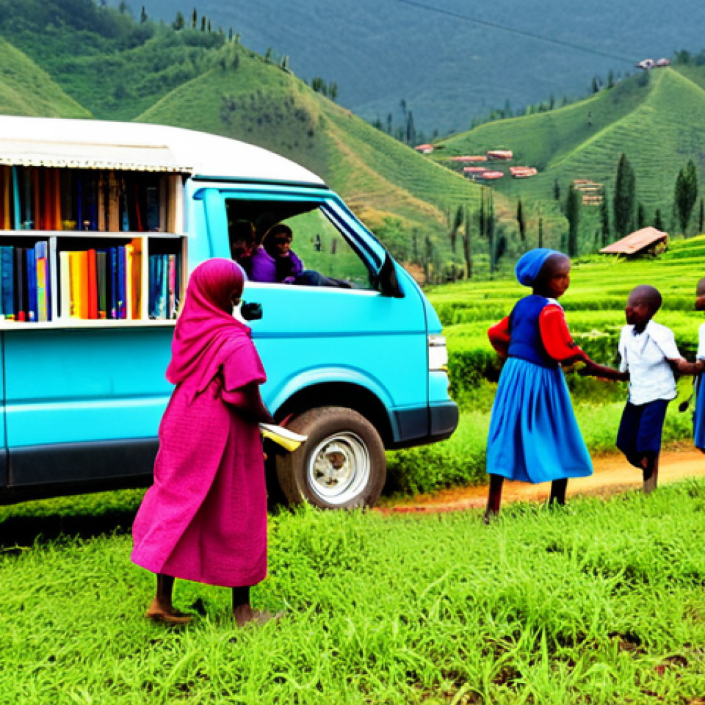 르완다에서의 NGO 활동 - **Image:** A vibrant scene of a mobile library in a rural Rwandan village. **Prompt:** "Children, fu...