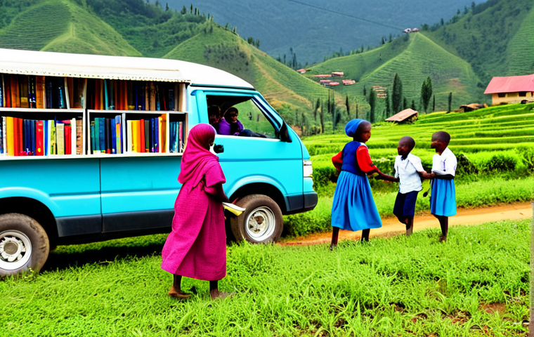 르완다에서의 NGO 활동 - **Image:** A vibrant scene of a mobile library in a rural Rwandan village. **Prompt:** "Children, fu...