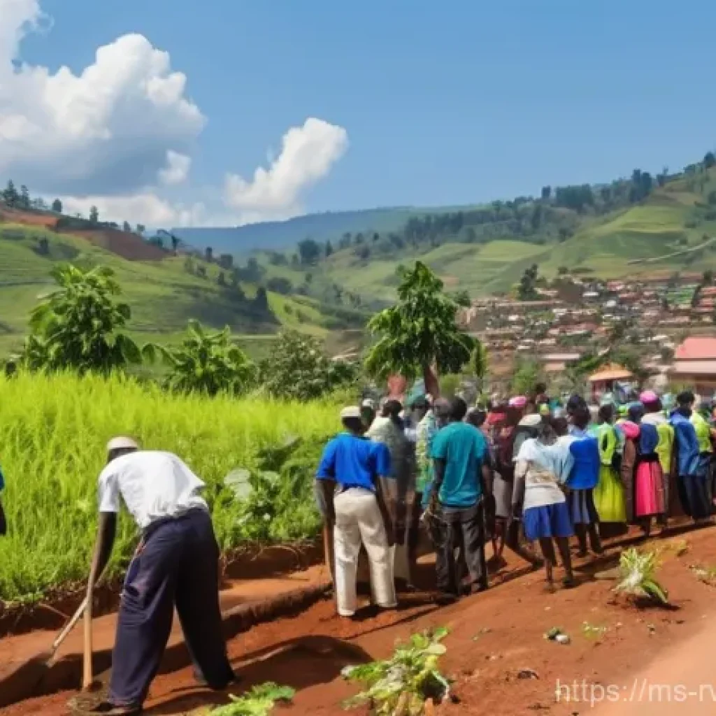 우무간다  Rwandan Community Work - **Prompt:** A vibrant, wide-angle shot of a diverse Rwandan community participating in Umuganda on a...