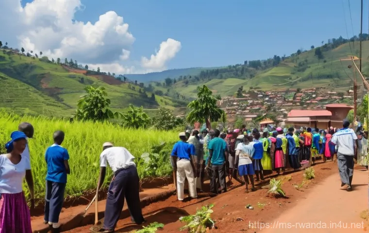 우무간다 Rwandan Community Work - **Prompt:** A vibrant, wide-angle shot of a diverse Rwandan community participating in Umuganda on a...
