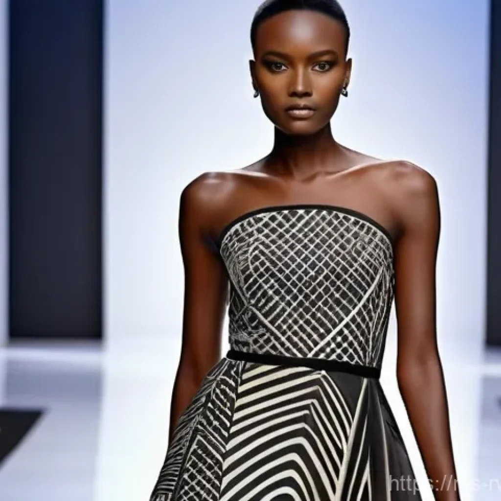 르완다의 주요 전통 직물 브랜드 - **Imigongo-Inspired Haute Couture on a Runway:** A high-fashion model, mid-shot, walks confidently d...