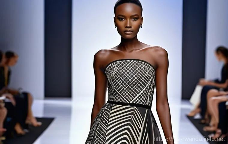르완다의 주요 전통 직물 브랜드 - **Imigongo-Inspired Haute Couture on a Runway:** A high-fashion model, mid-shot, walks confidently d...