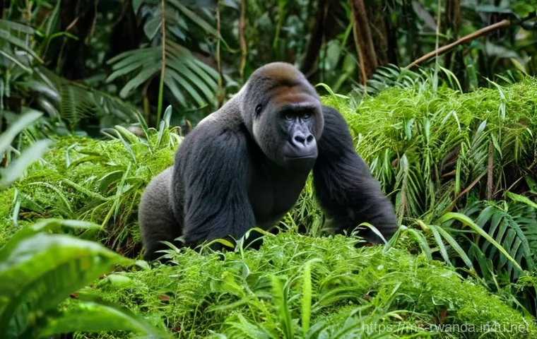 르완다에서 안전하게 여행하기 - **Prompt 1: Mountain Gorilla Encounter in Volcanoes National Park**
    "A stunning, realistic photo...