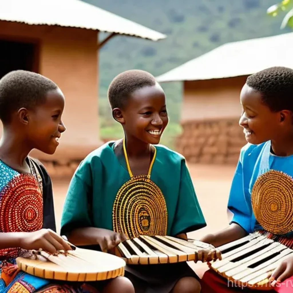 르완다 민속 음악 교육 프로그램 - **A group of Rwandan children and teenagers, aged 10-16, are enthusiastically learning to play tradi...