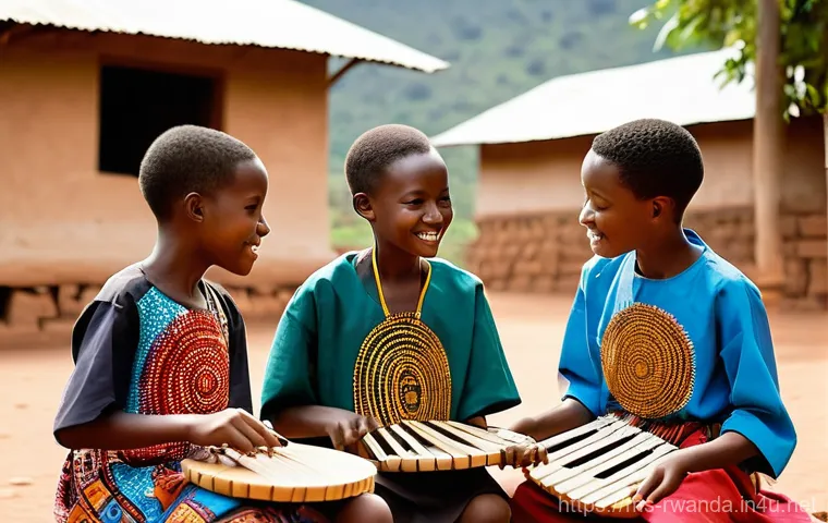 르완다 민속 음악 교육 프로그램 - **A group of Rwandan children and teenagers, aged 10-16, are enthusiastically learning to play tradi...
