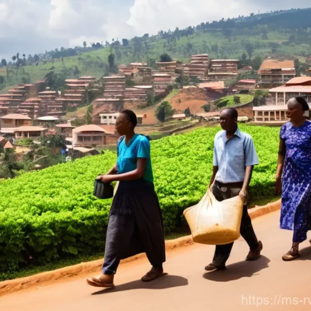 르완다의 주요 도시 계획 사례 - **A Vibrant, Green Street in Kigali:**
    A bustling, sunlit street scene in the heart of Kigali, R...