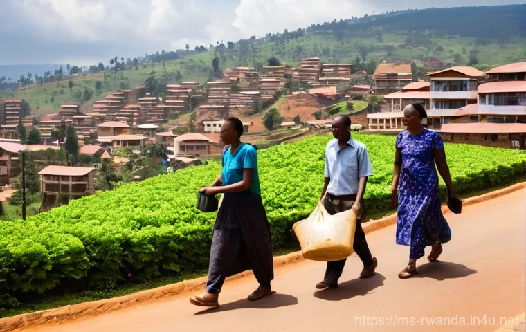 르완다의 주요 도시 계획 사례 - **A Vibrant, Green Street in Kigali:**
    A bustling, sunlit street scene in the heart of Kigali, R...