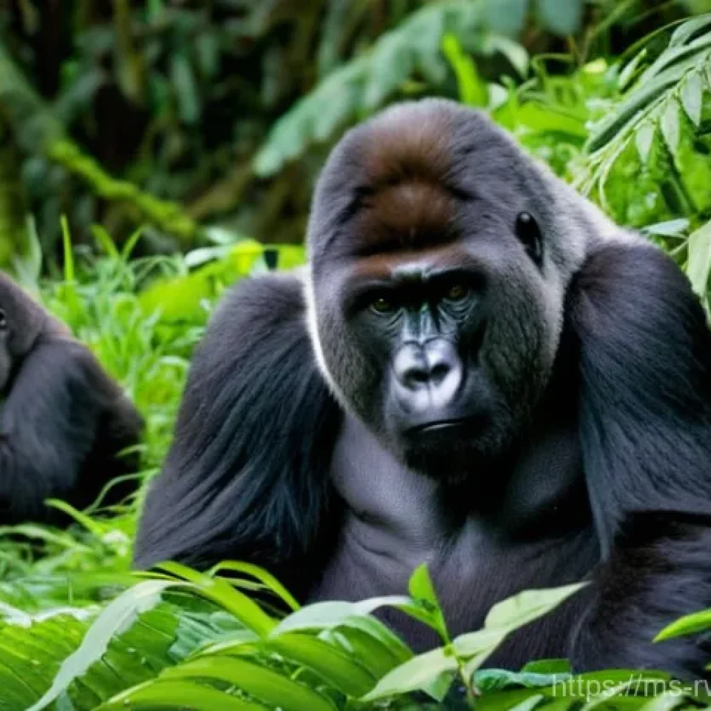 르완다의 주요 야생 동물 - **Prompt: "A serene and majestic scene in Rwanda's Volcanoes National Park, featuring a family of mo...