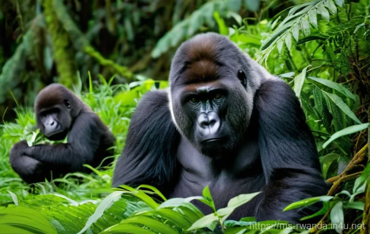 르완다의 주요 야생 동물 - **Prompt: "A serene and majestic scene in Rwanda's Volcanoes National Park, featuring a family of mo...