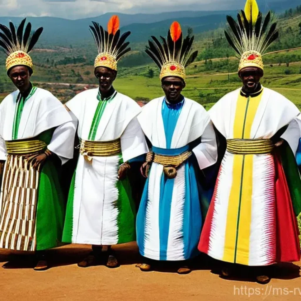 르완다 전통 춤 축제 - **Prompt:** A group of male Rwandan Intore dancers, mid-performance, exuding bravery and strength. T...