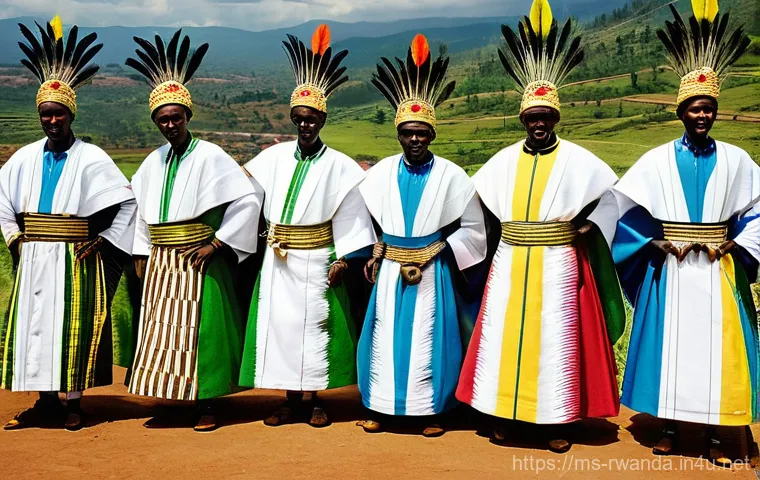 르완다 전통 춤 축제 - **Prompt:** A group of male Rwandan Intore dancers, mid-performance, exuding bravery and strength. T...