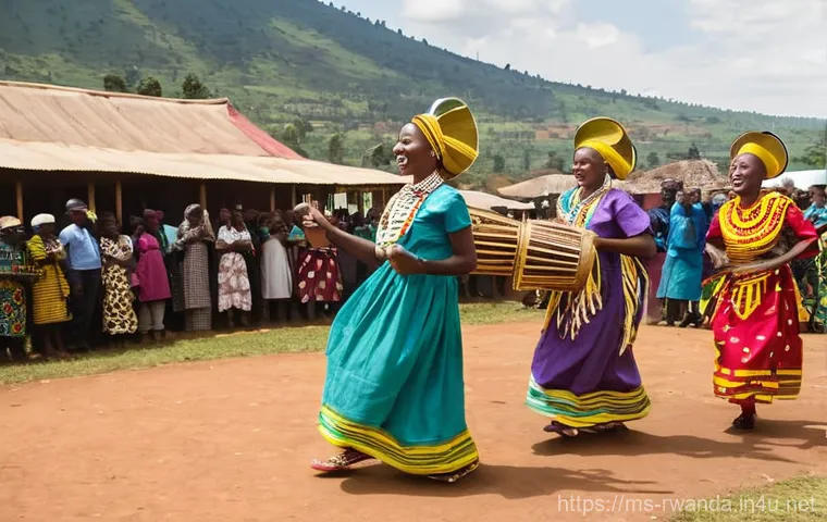 르완다 전통 춤 축제 - **Prompt:** An elegant female Rwandan Umushagiriro dancer gracefully performing on a well-lit cultur...