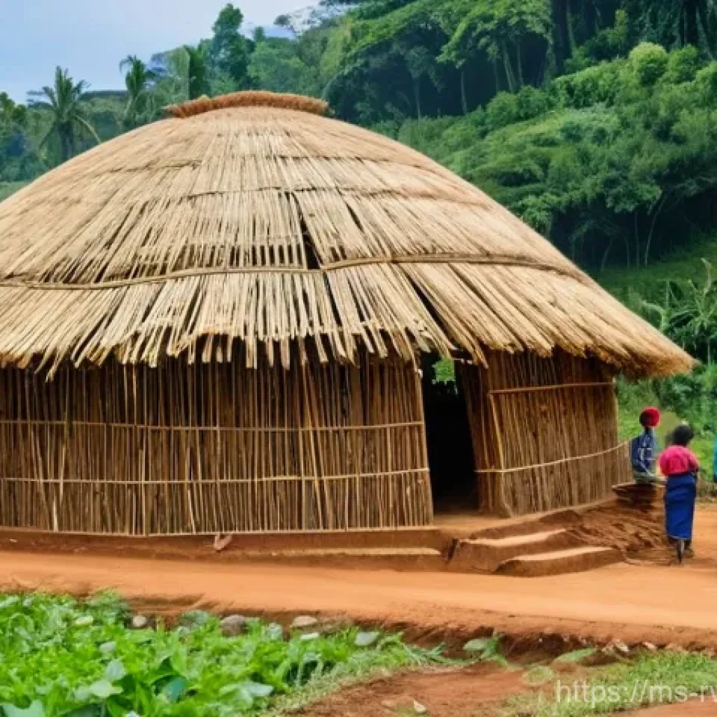 르완다의 전통 건축 기법 - **Prompt:** A beautifully intricate traditional Rwandan cylindrical house with a high, gracefully cu...