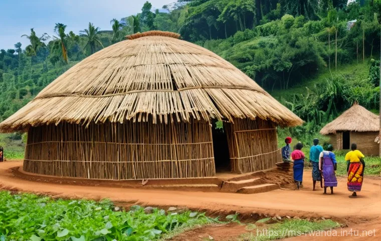 르완다의 전통 건축 기법 - **Prompt:** A beautifully intricate traditional Rwandan cylindrical house with a high, gracefully cu...
