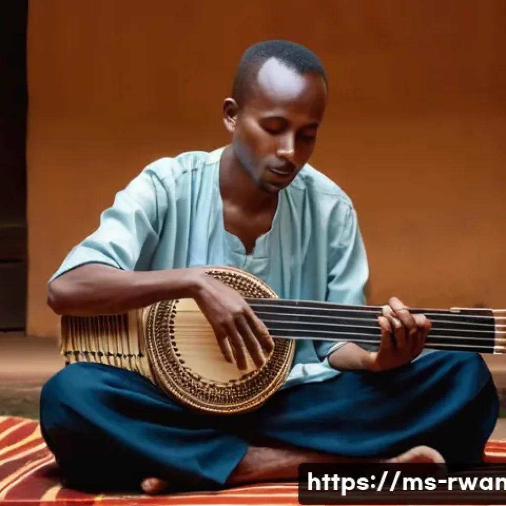 르완다 민속 음악 콘서트 - **Rwandan Inanga Solo Performance:** A serene Rwandan male musician, dressed in traditional, modest ...