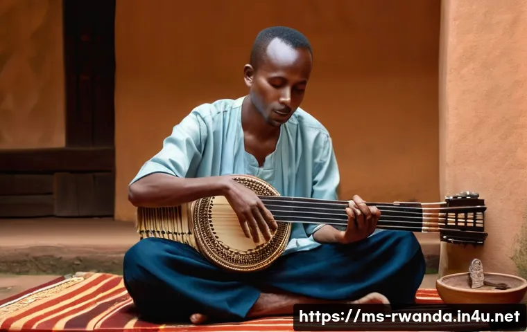 르완다 민속 음악 콘서트 - **Rwandan Inanga Solo Performance:** A serene Rwandan male musician, dressed in traditional, modest ...