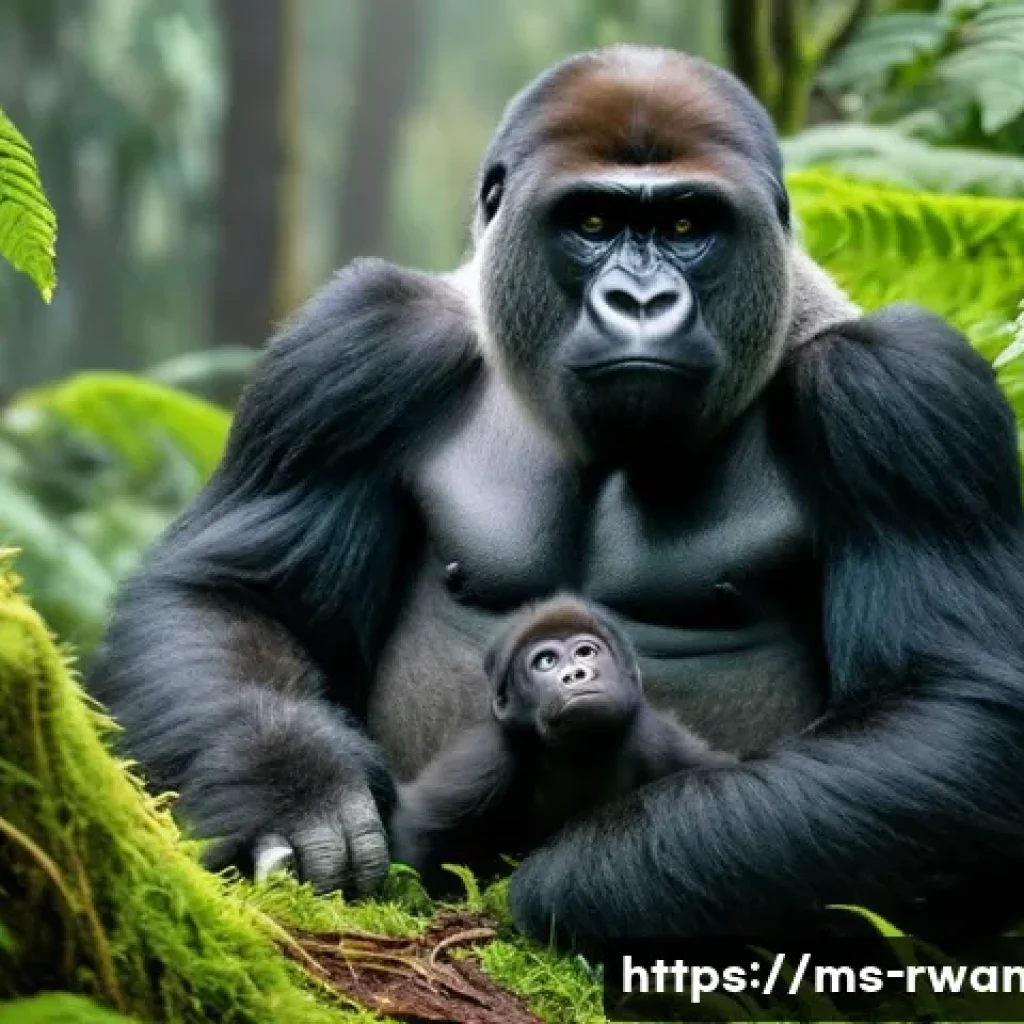 르완다의 주요 에코투어 목적지 - **Prompt: Majestic Silverback and Playful Infant Gorilla in Misty Rwandan Rainforest**
"A powerf...
