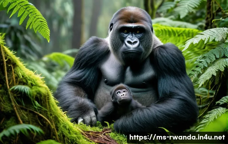 르완다의 주요 에코투어 목적지 - **Prompt: Majestic Silverback and Playful Infant Gorilla in Misty Rwandan Rainforest**
"A powerf...