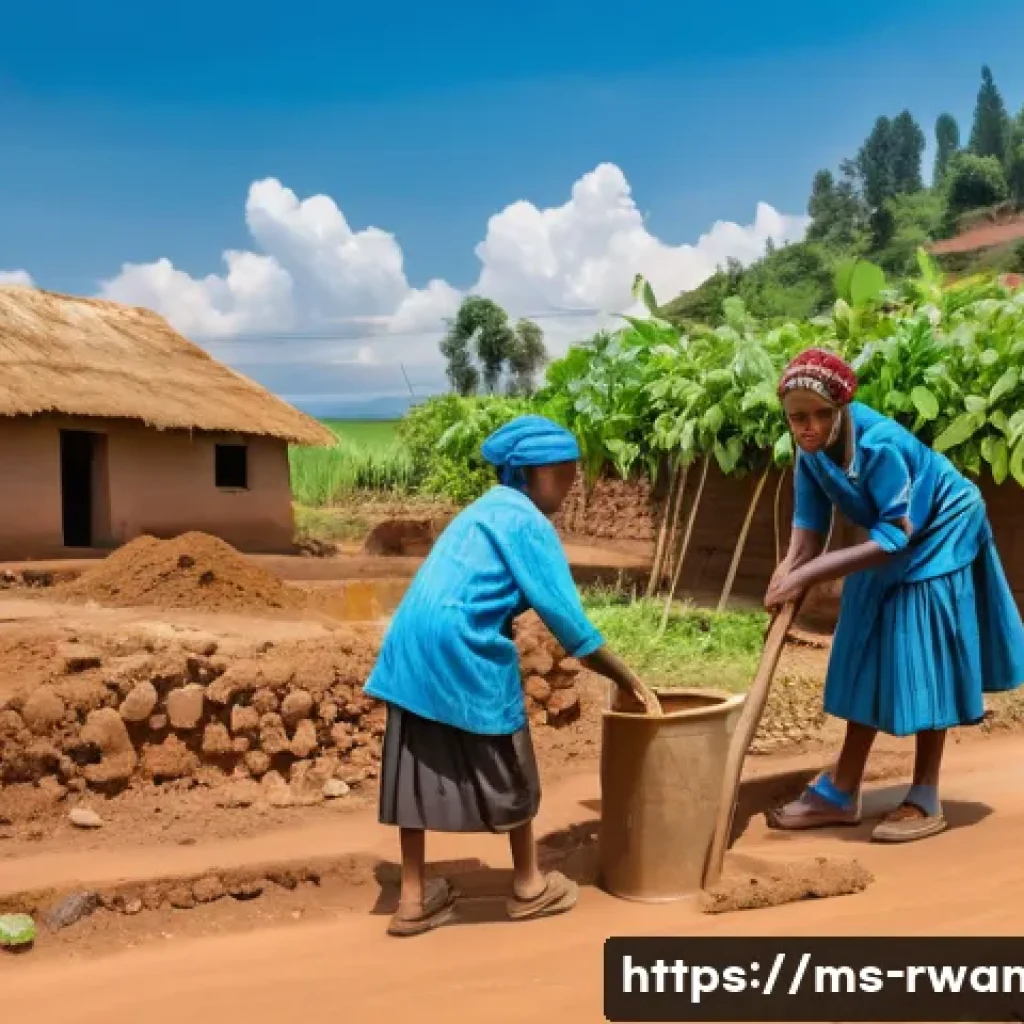 르완다의 빈곤 감소 프로그램 - A vibrant rural Rwandan village scene showcasing community members actively participating in buildin...