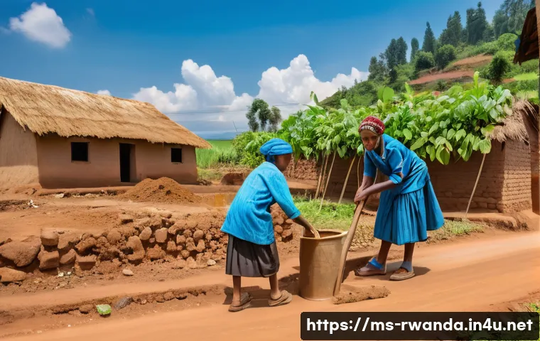 르완다의 빈곤 감소 프로그램 - A vibrant rural Rwandan village scene showcasing community members actively participating in buildin...